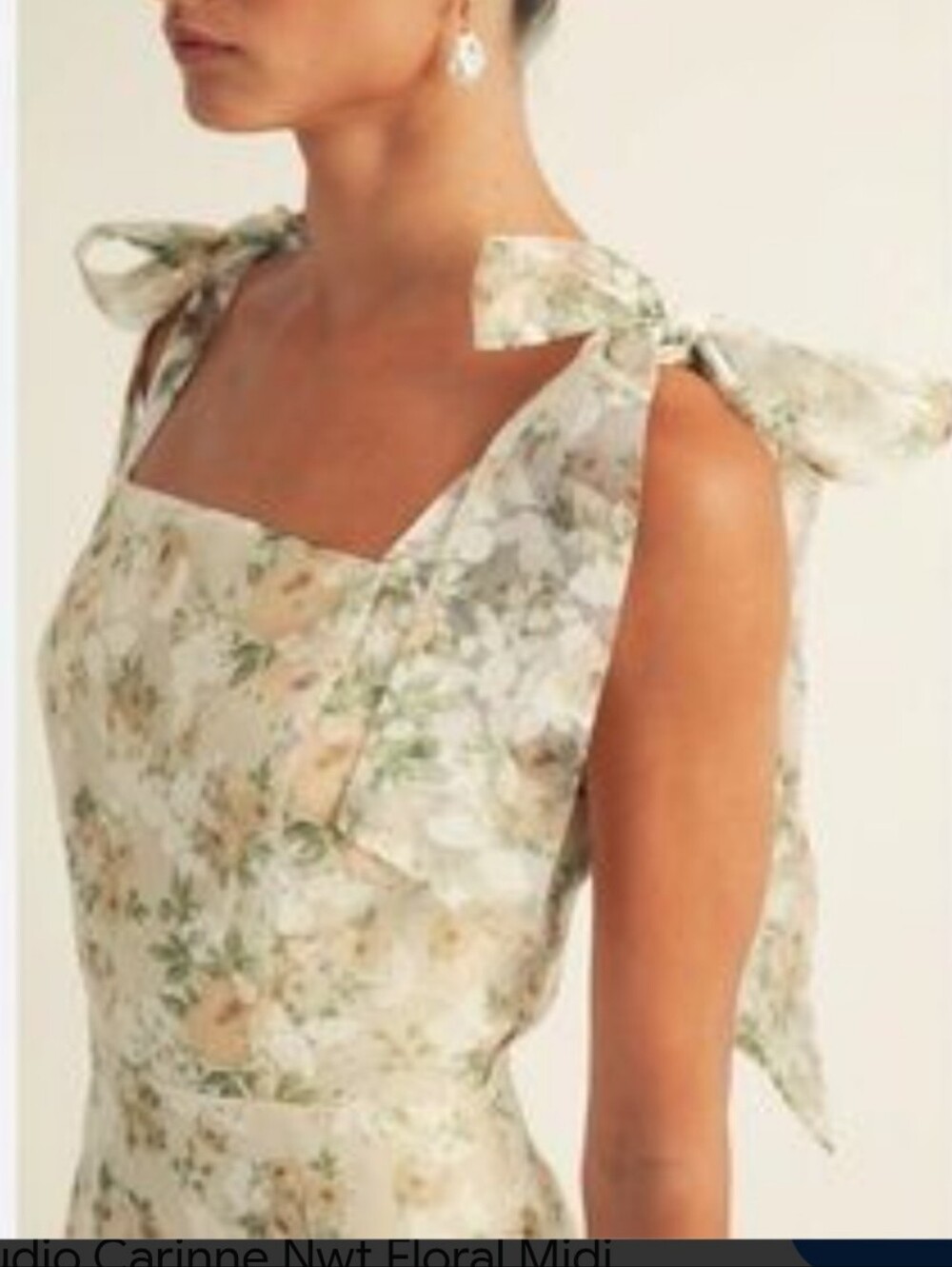 Arose Studio Square-Neck Floral Lace Midi Dress in Ivory and Soft Green size XL